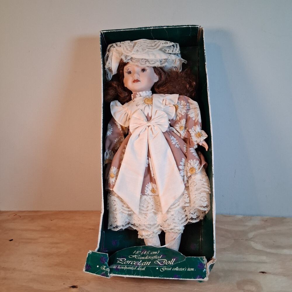 Timeless Treasure Vtg Porcelain Doll Handcrafted With Box 18 In Doll With Outfit